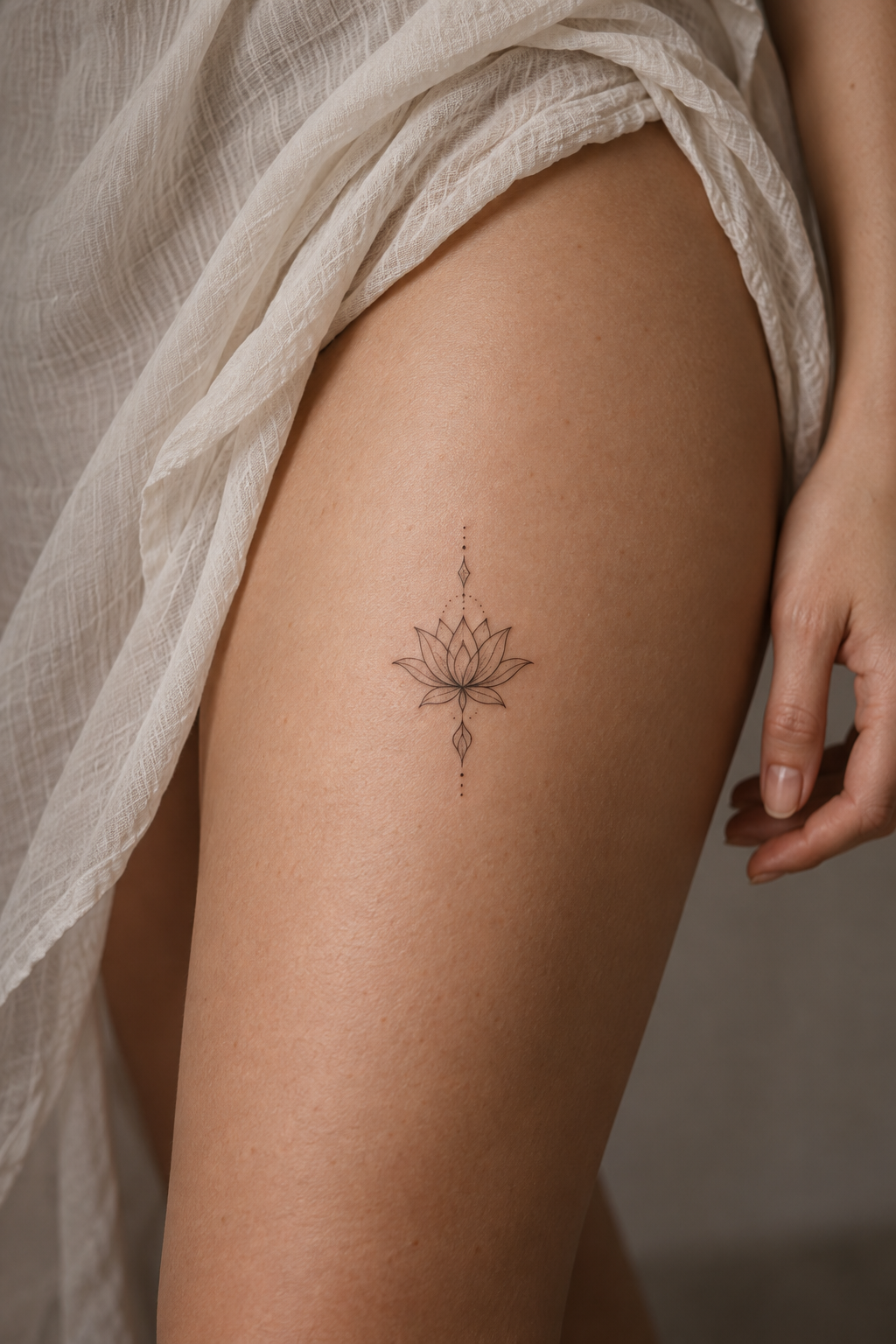 Tiny Lotus Flower small thigh tattoo idea