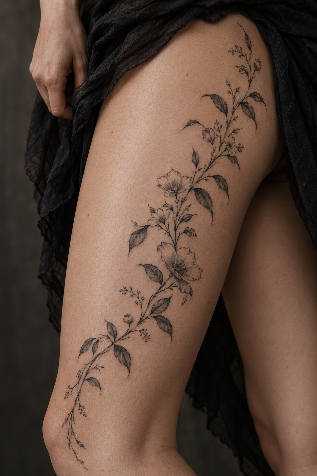 Elegant Vine small thigh tattoo idea