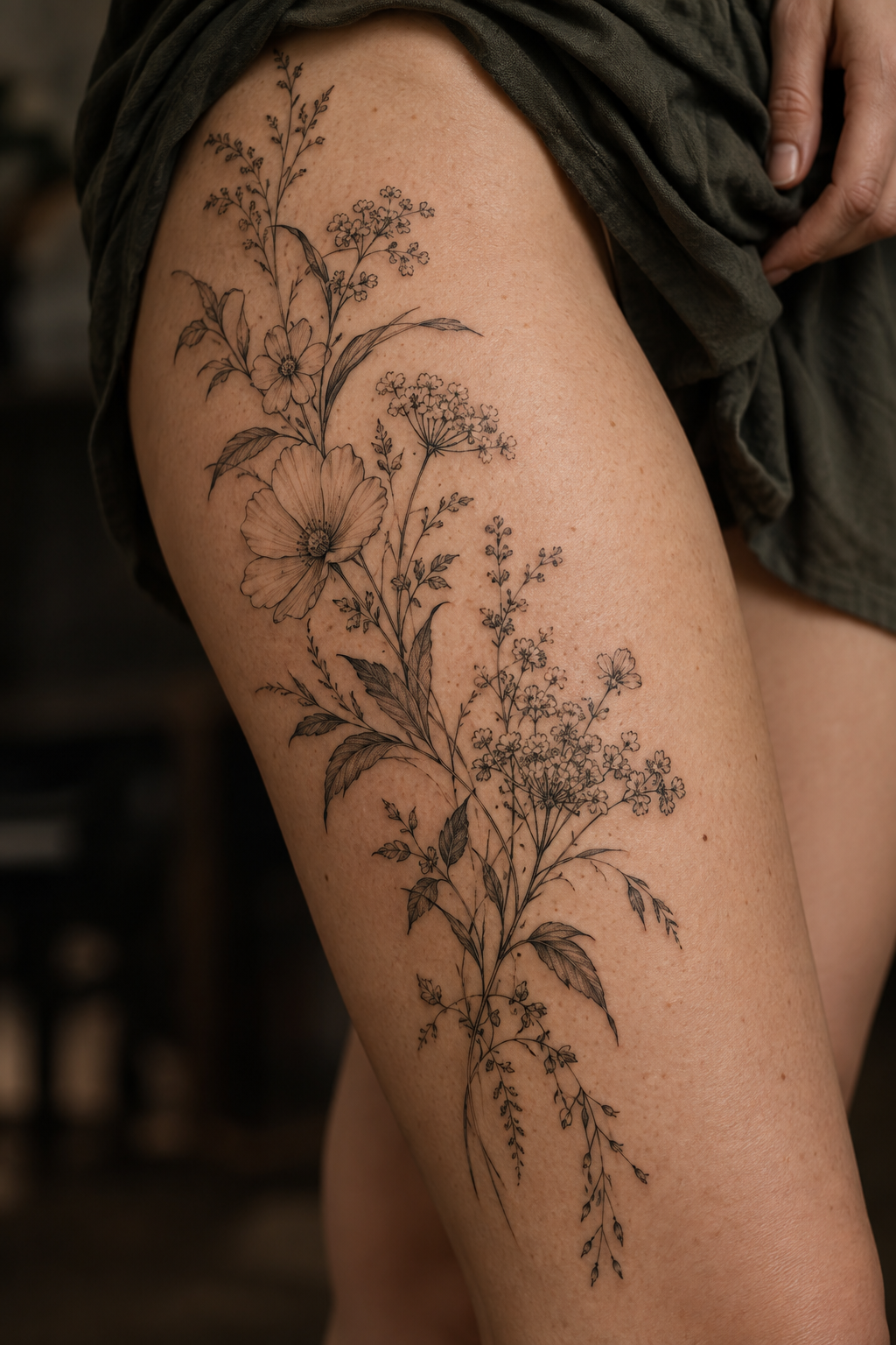 Fine-Line Floral Pattern small thigh tattoo idea