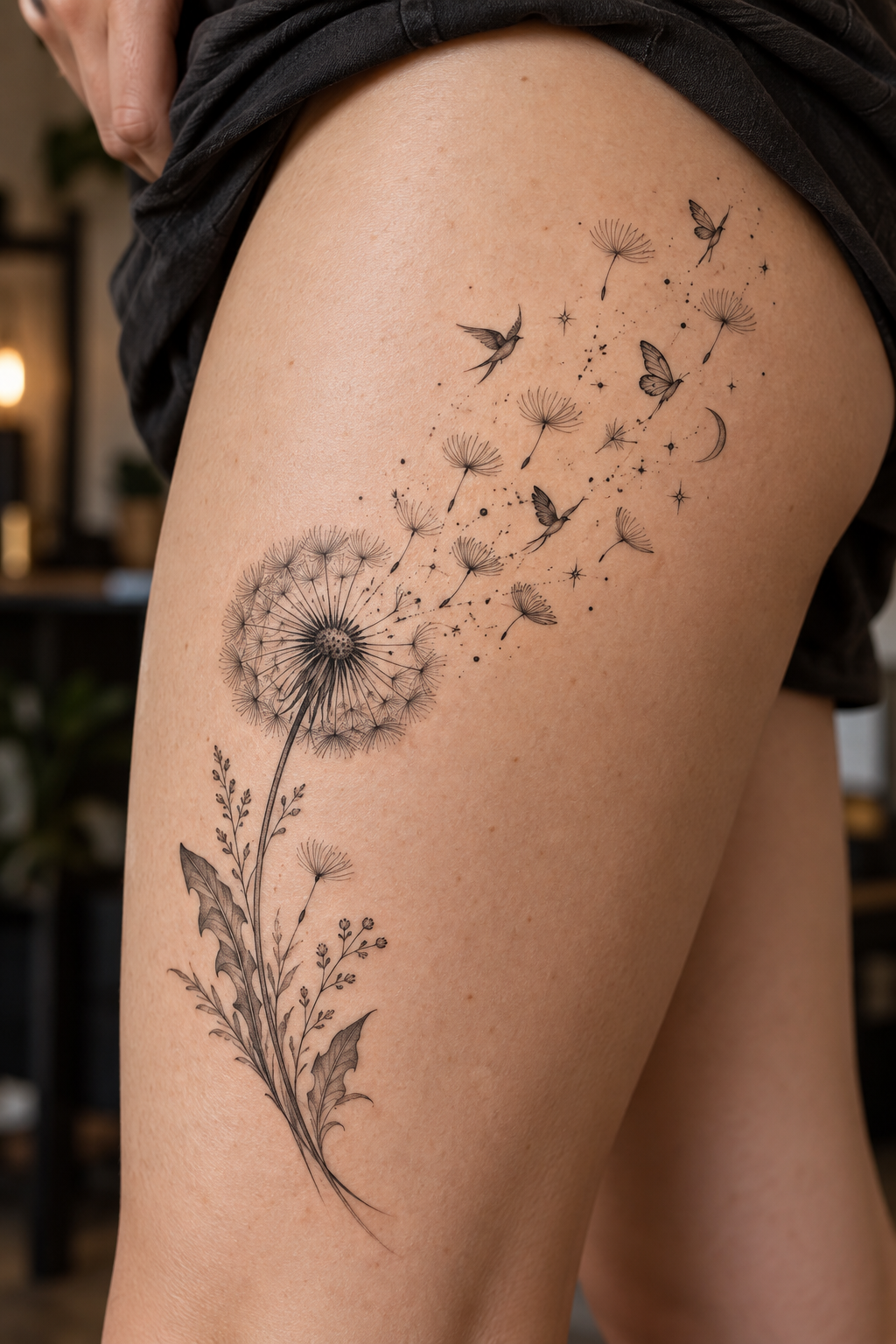 Whimsical Dandelion small thigh tattoo idea