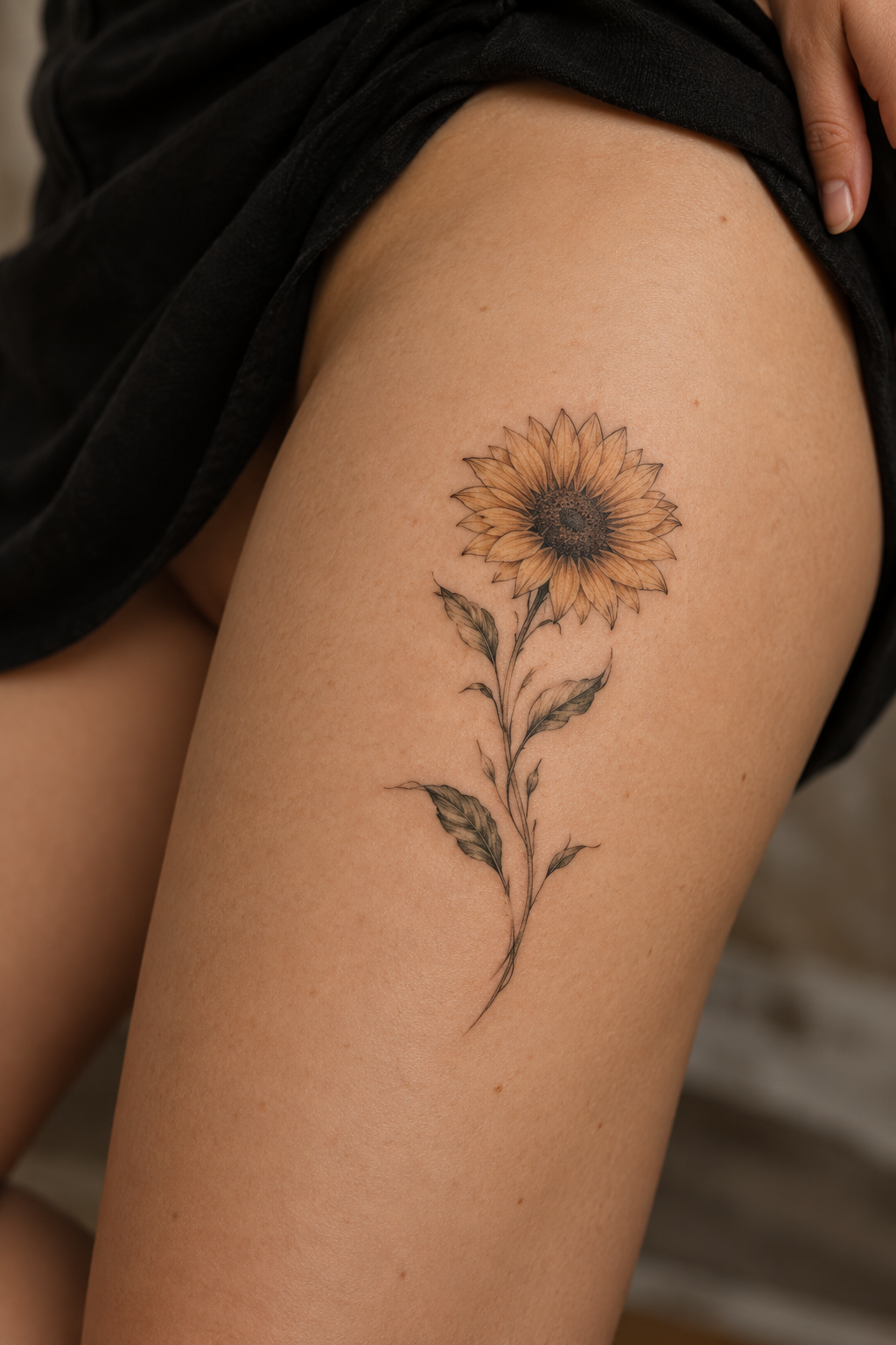 Small Sunflower small thigh tattoo idea