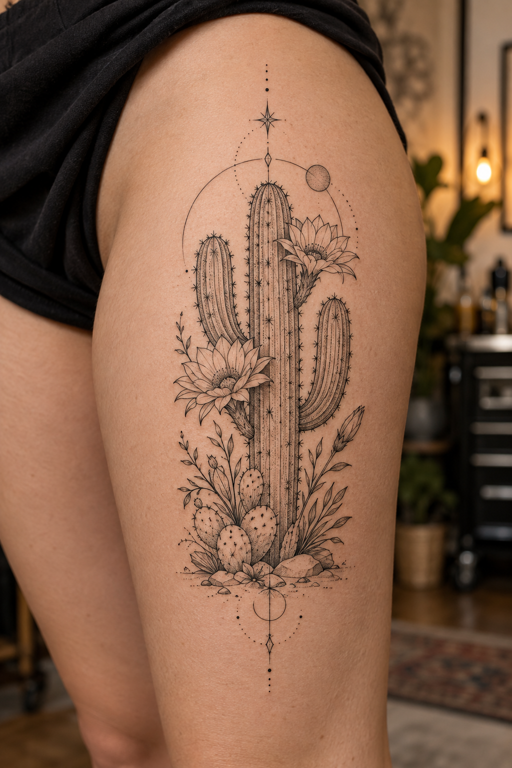 Artistic Cactus small thigh tattoo idea