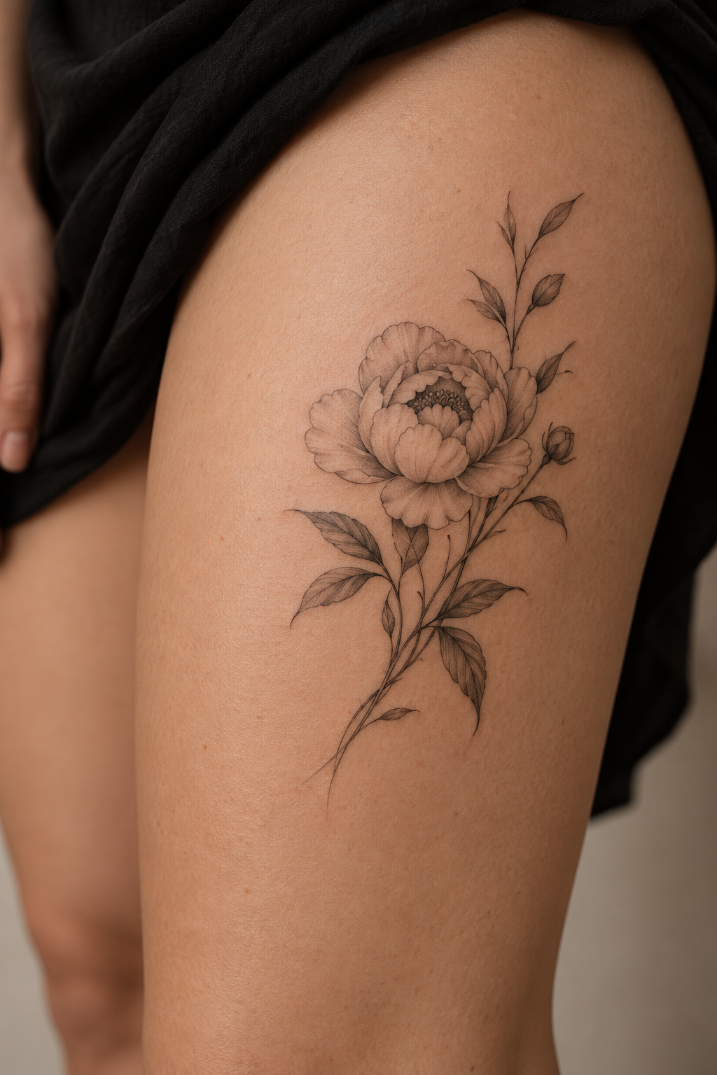 Small Peony small thigh tattoo idea
