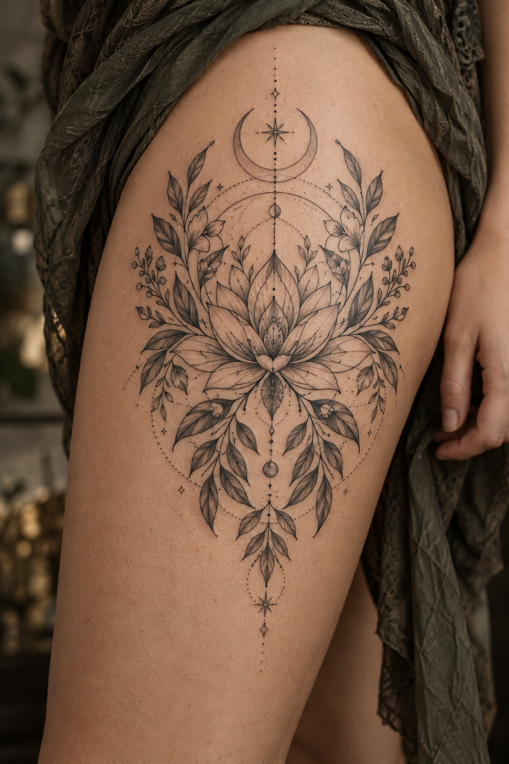 Nature-Inspired Mandala small thigh tattoo idea