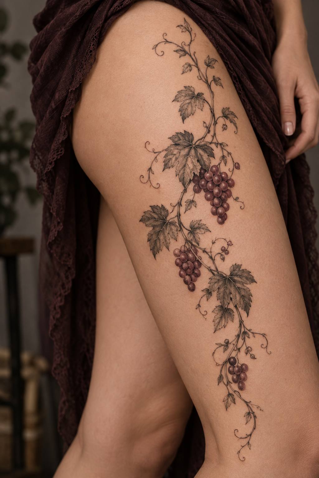 Sweet Grapevine small thigh tattoo idea