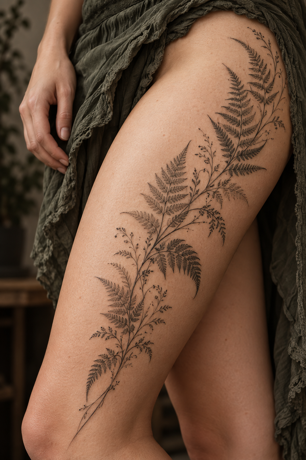 Charming Fern small thigh tattoo idea