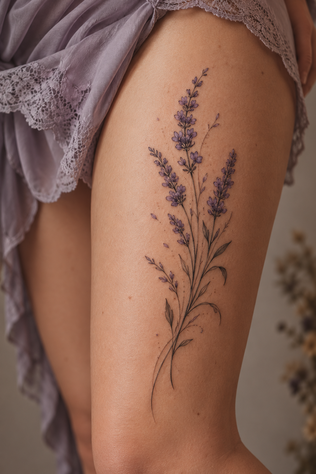 Cozy Lavender Sprigs small thigh tattoo idea