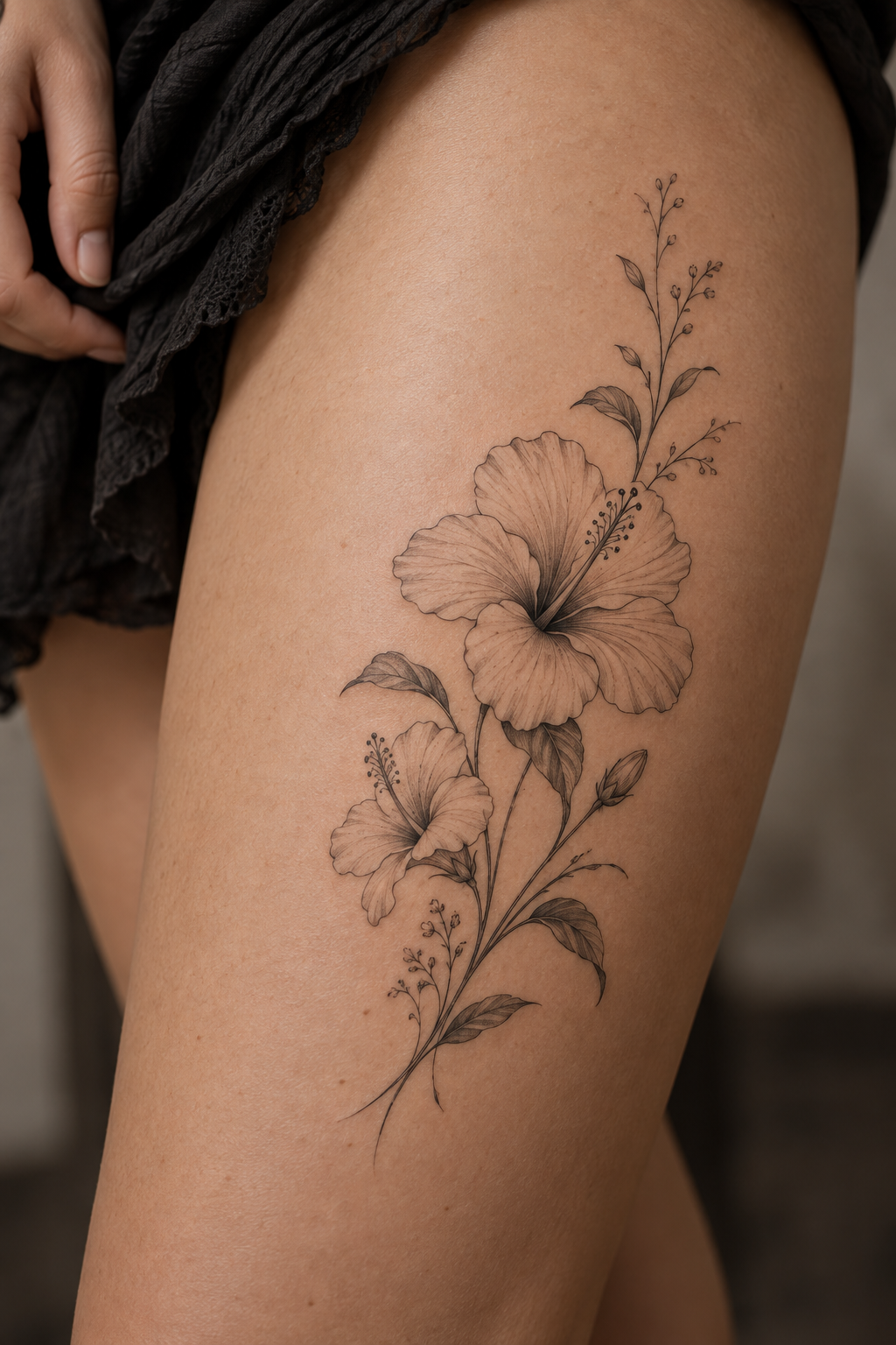 Dainty Hibiscus small thigh tattoo idea