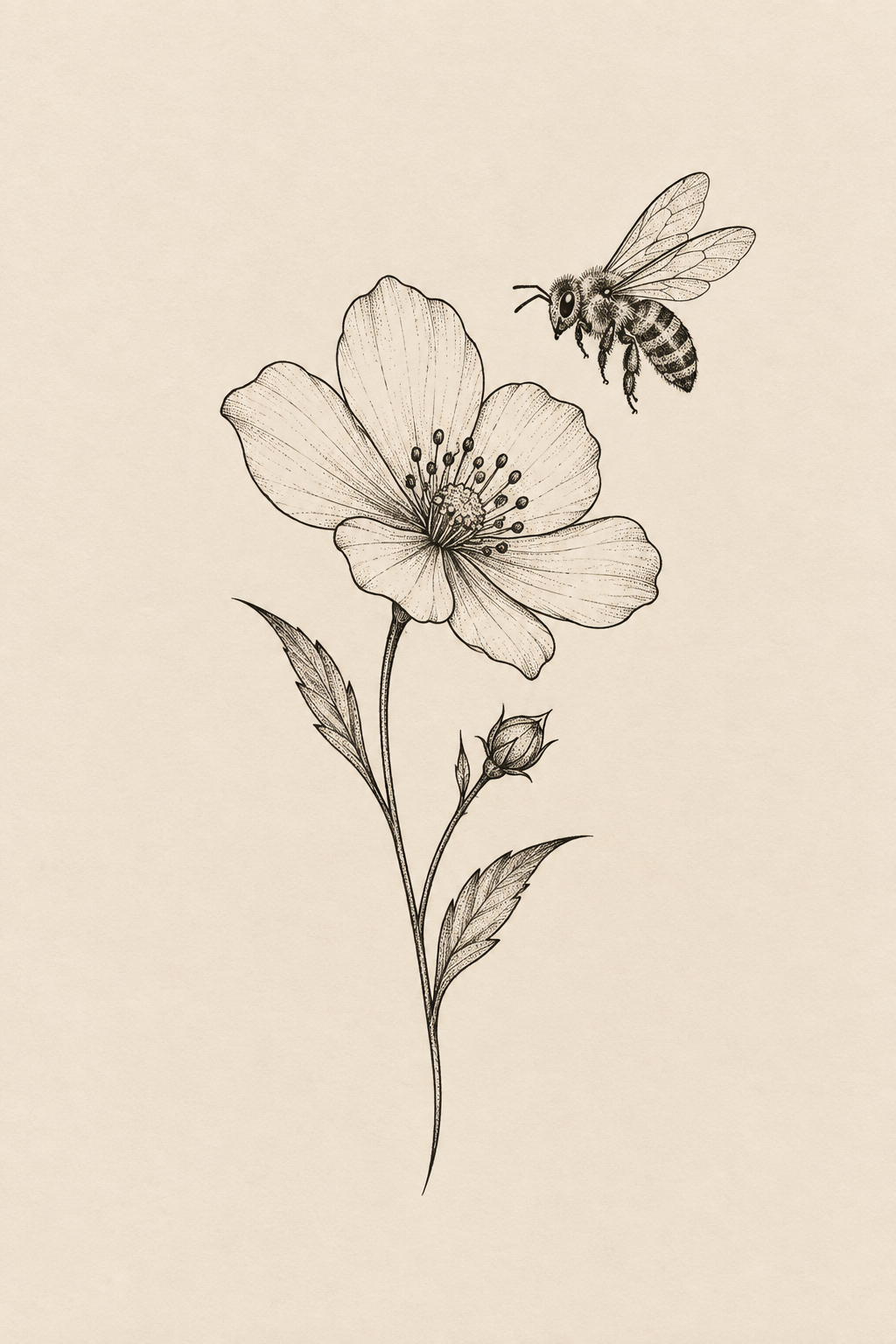 Small bee and bloom small nature tattoo idea