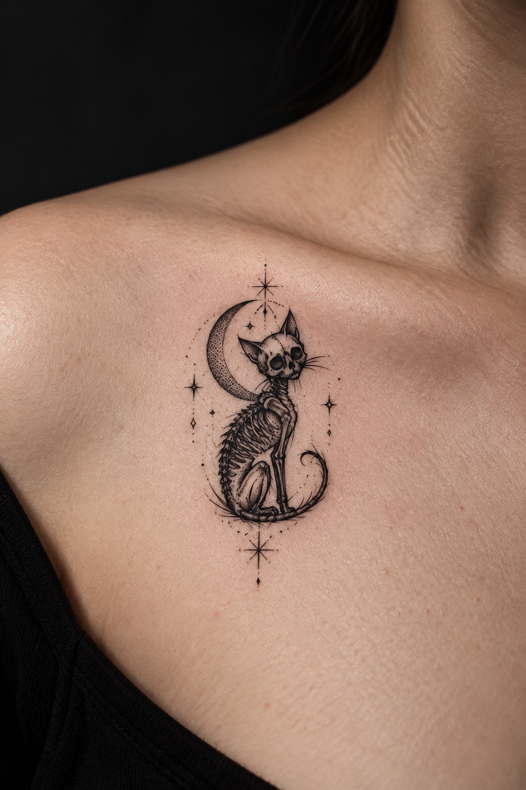 tiny gothic tattoo ideas: skeleton cat