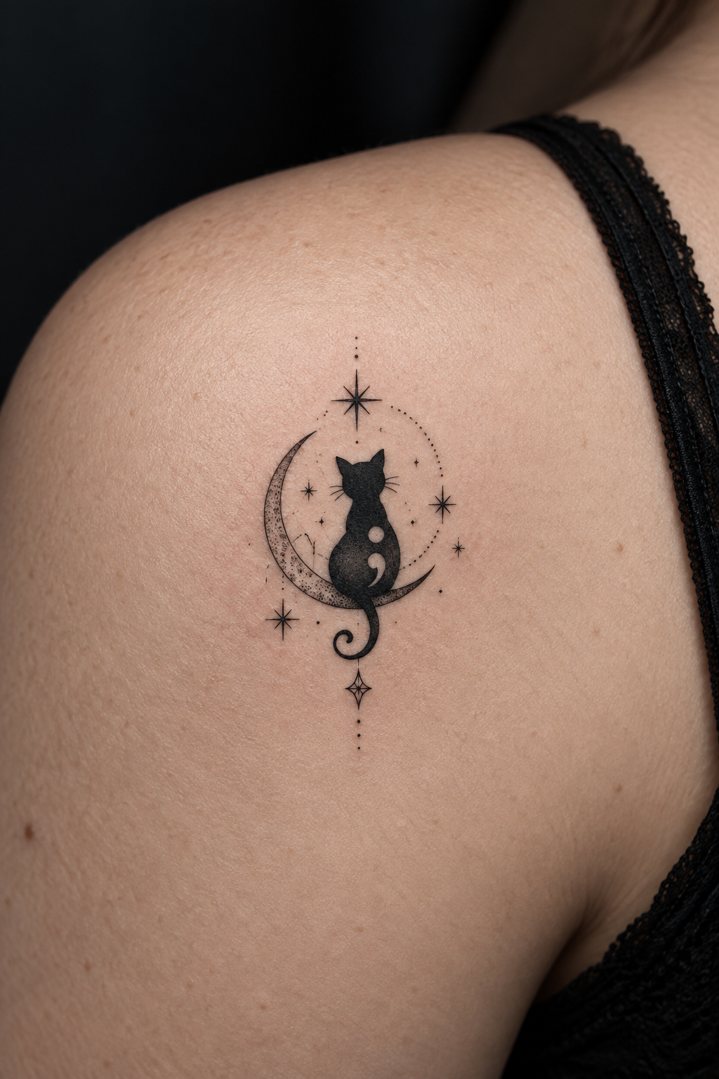 tiny gothic tattoo ideas: semicolon cat