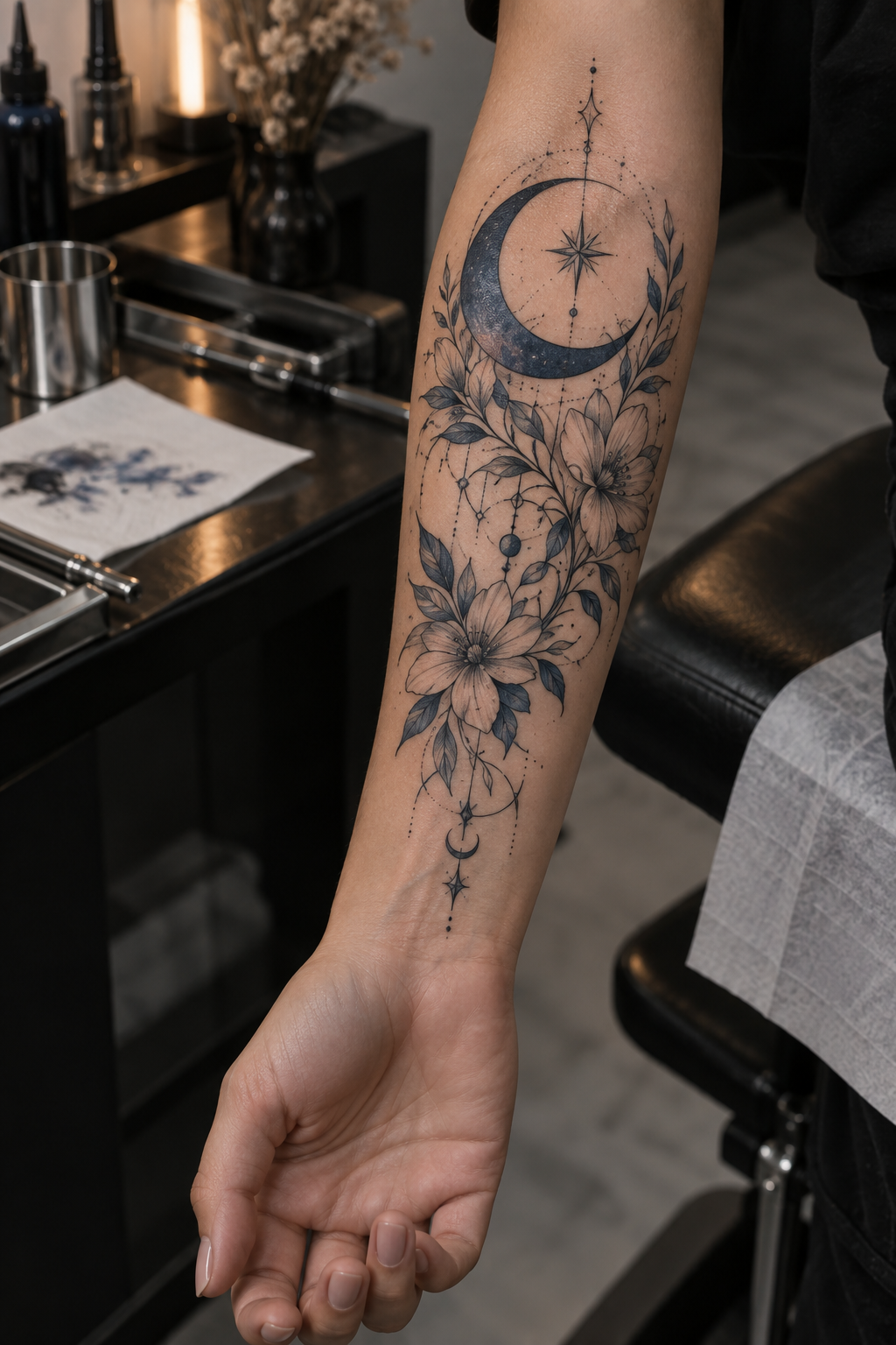 Blue Crescent Design rose and moon tattoo idea
