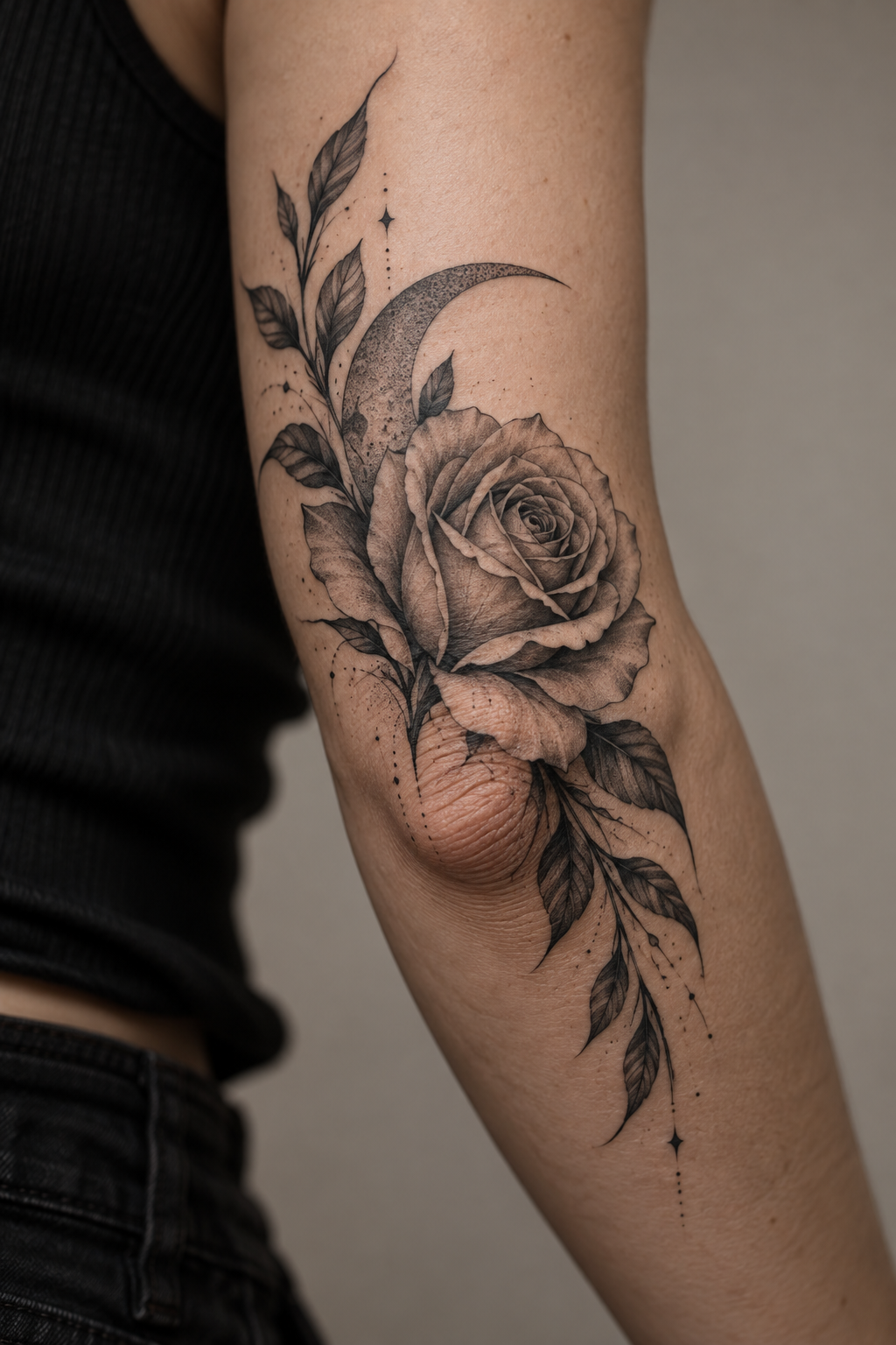 Rose with Moon on Elbow rose and moon tattoo idea