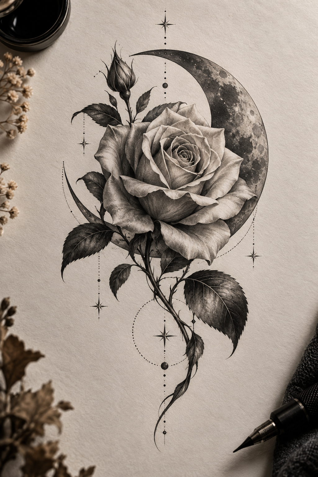 Realistic Rose and Moon Ink rose and moon tattoo idea