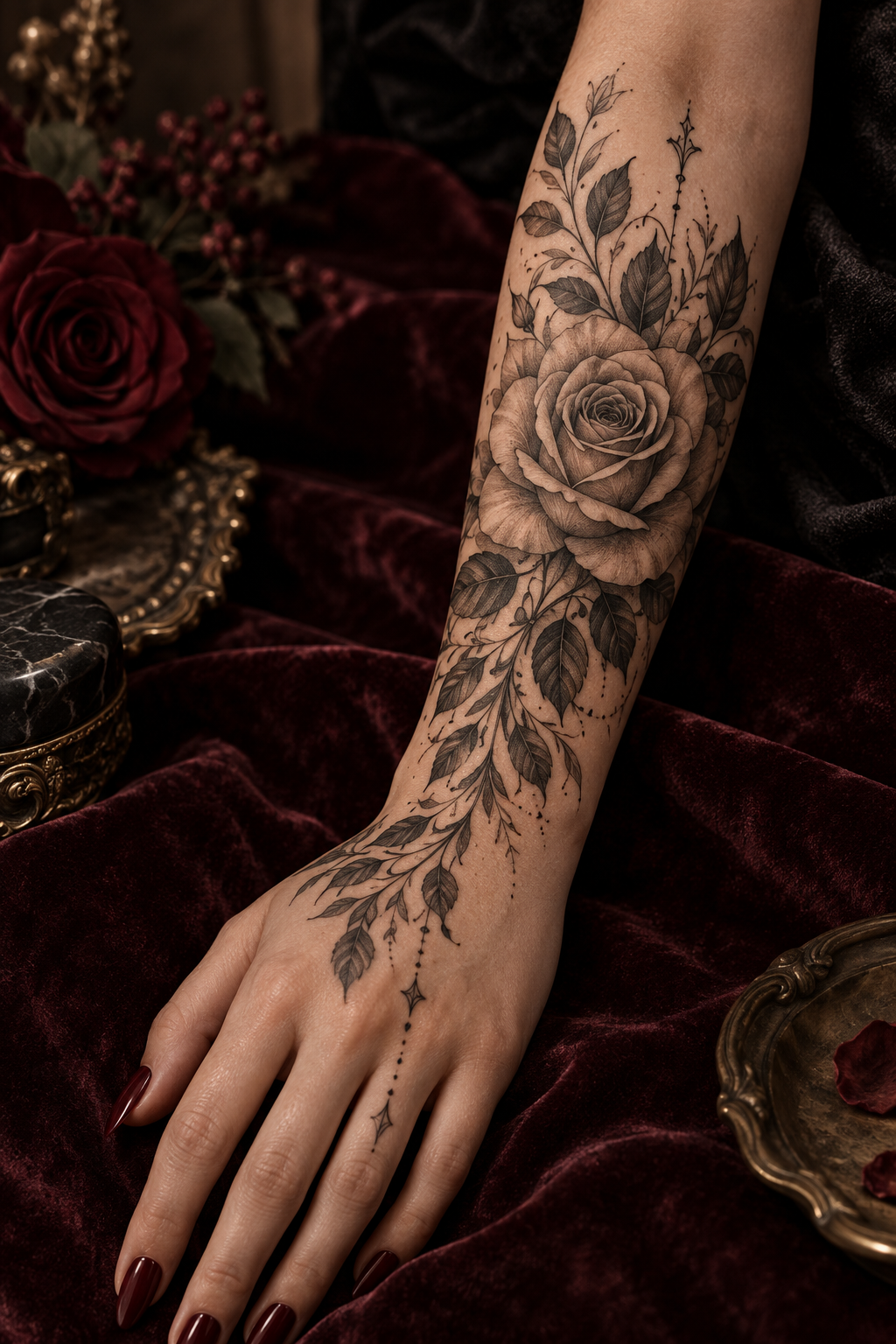Center Rose Body Art rose and moon tattoo idea