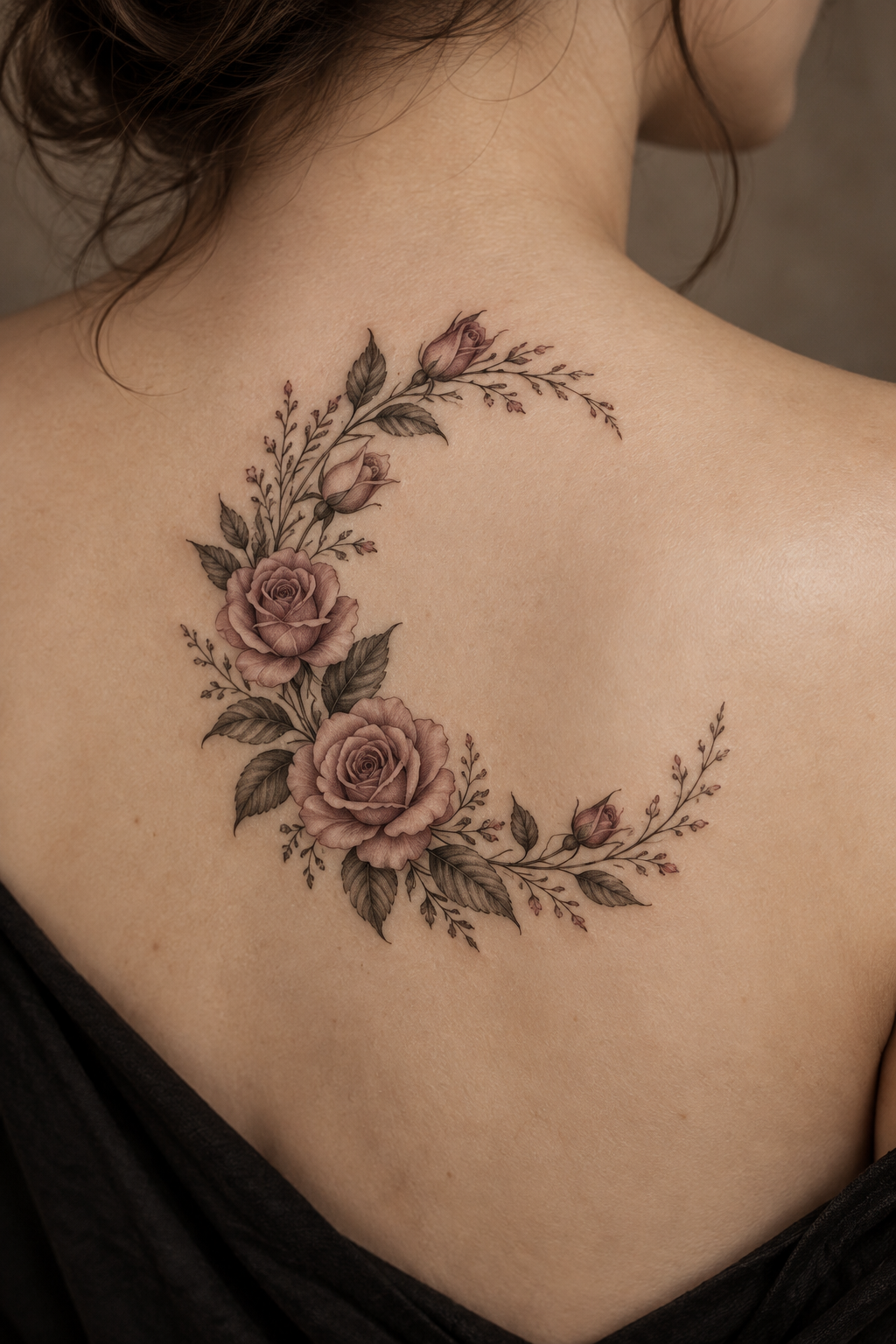 Rose Crescent Wreath Idea rose and moon tattoo idea