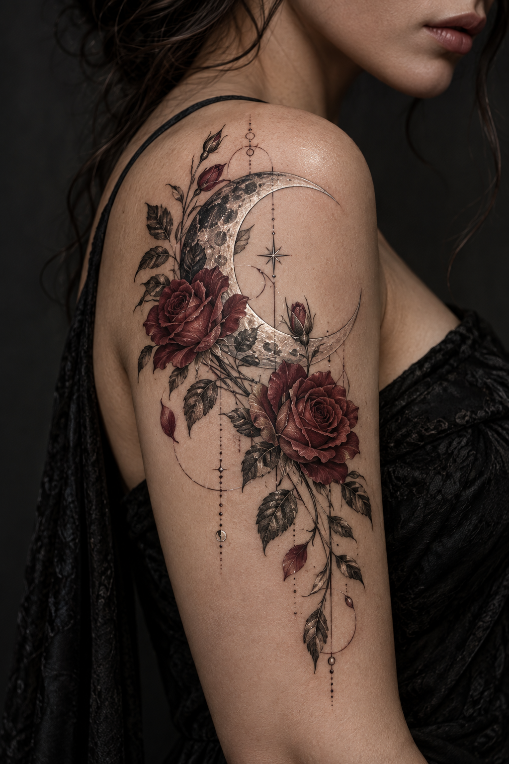 Rose and Moon Futuristic Tattoo rose and moon tattoo idea