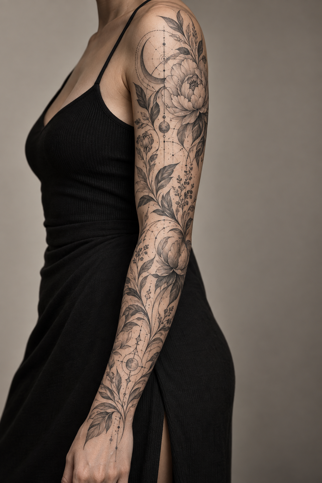 Fine-Line Sleeve Art rose and moon tattoo idea