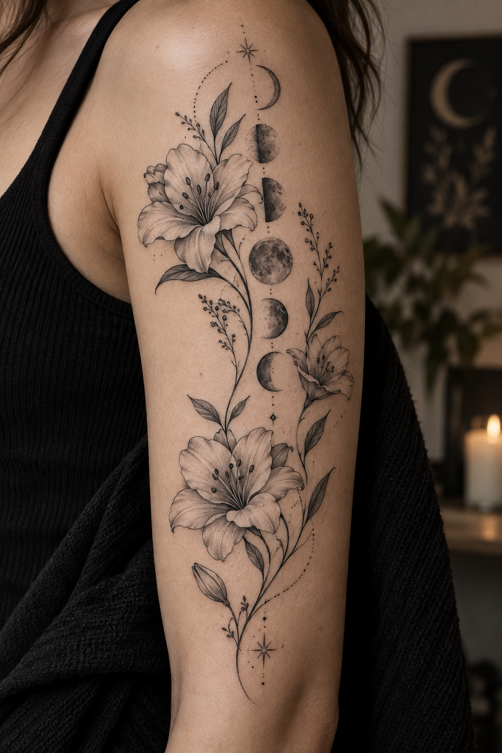 Aesthetic Floral Lunar Idea rose and moon tattoo idea