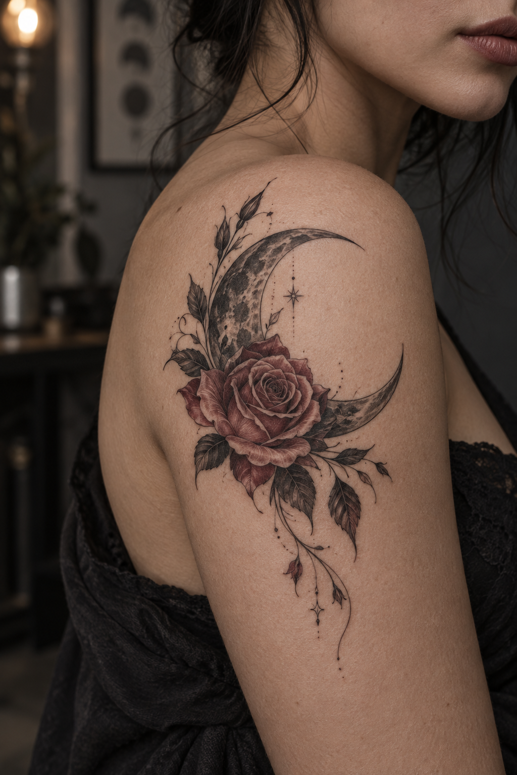 Moon and Rose on Shoulder rose and moon tattoo idea