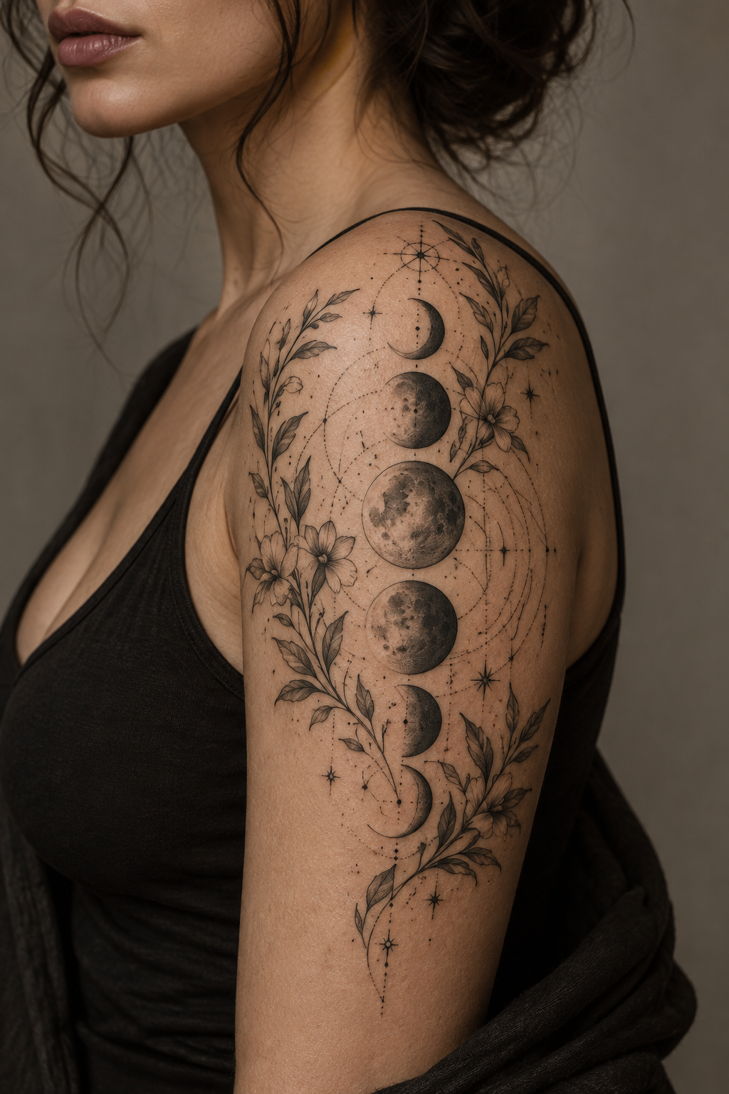 Unique Lunar Phase Tattoo rose and moon tattoo idea