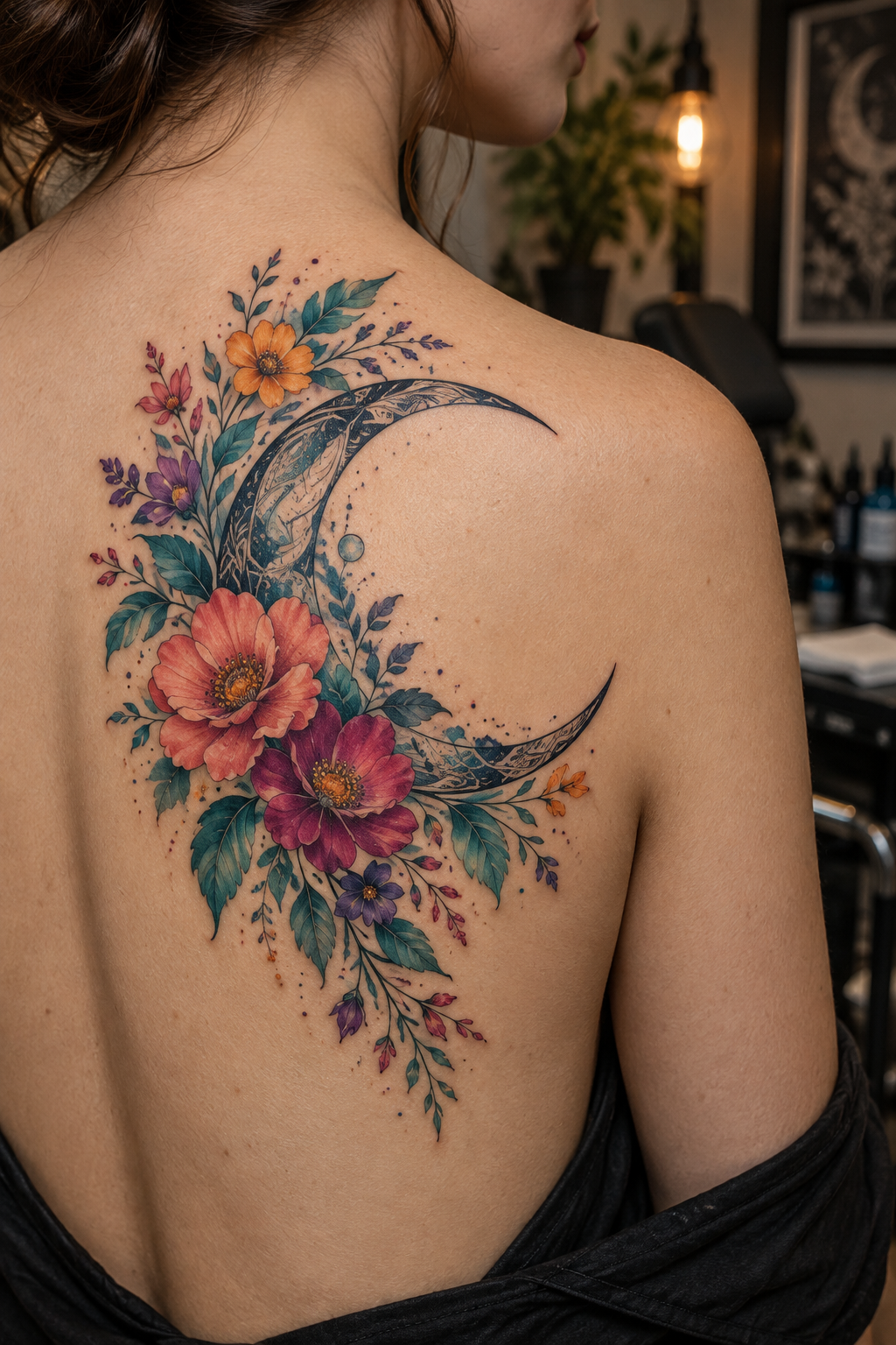 Colorful Floral Moon Design rose and moon tattoo idea