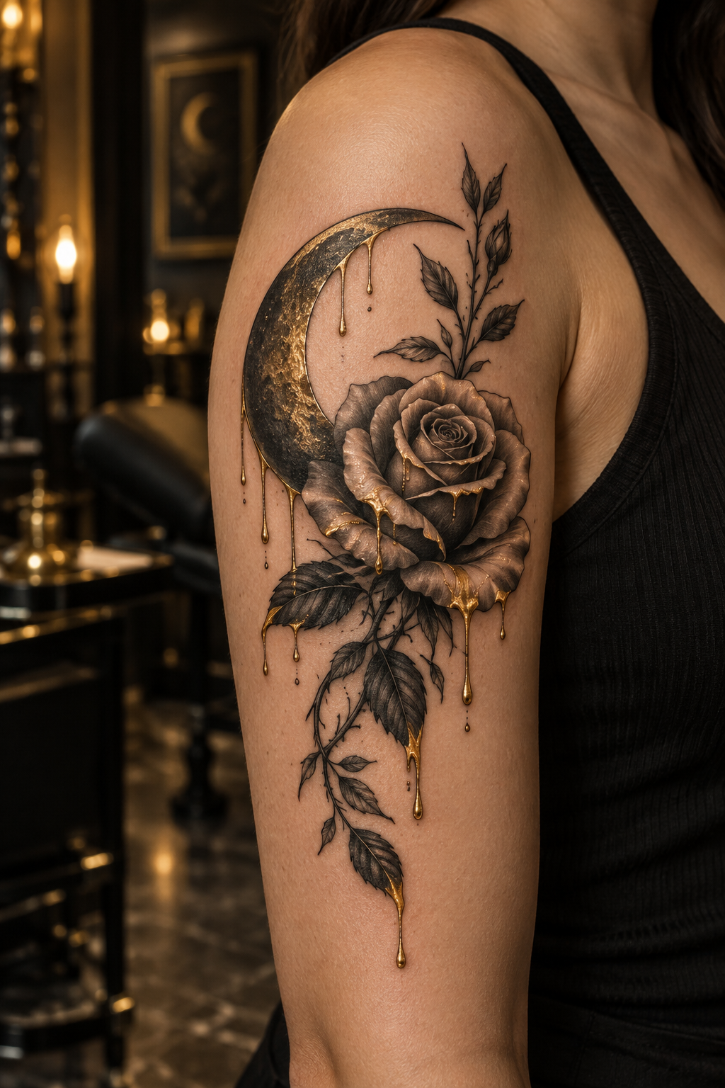 Dripping Gold Moon Rose Tattoo rose and moon tattoo idea