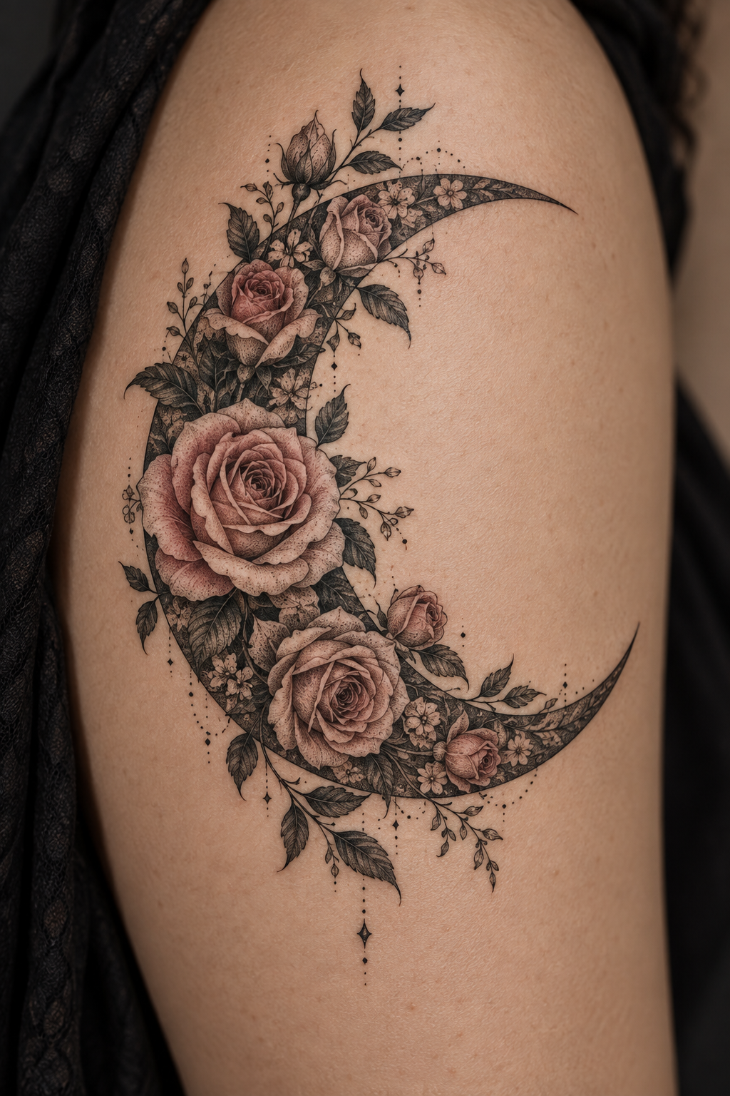 Rose-Filled Crescent Moon Art rose and moon tattoo idea