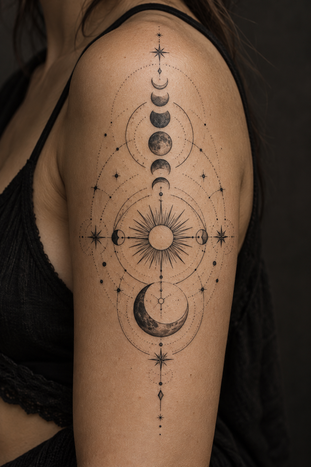 Geometric Celestial Tattoo rose and moon tattoo idea