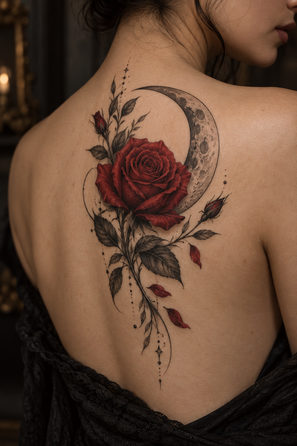 Red Rose and Moon Ink Idea rose and moon tattoo idea