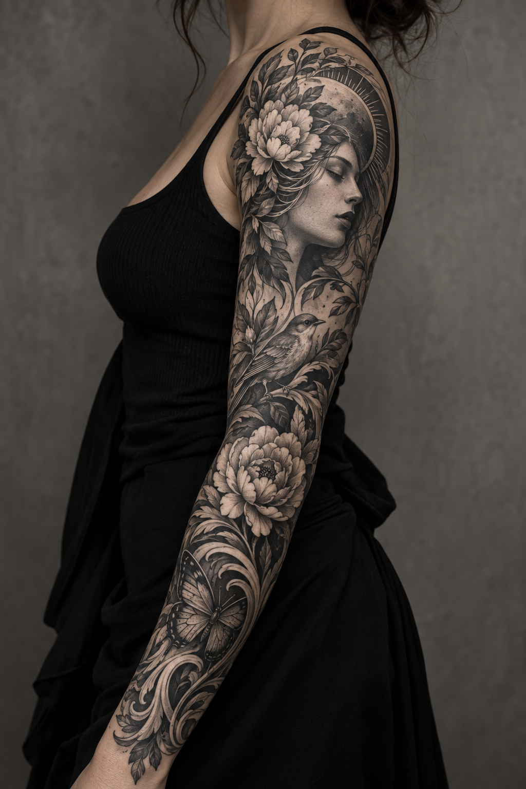 Black-and-White Sleeve Art rose and moon tattoo idea