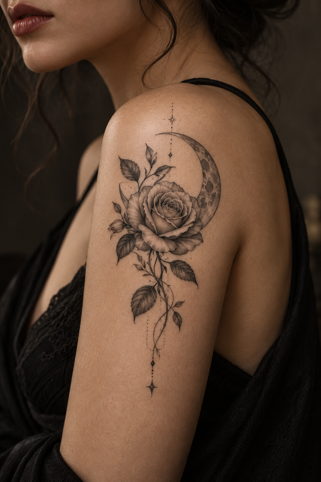 Rose and moon tattoo design