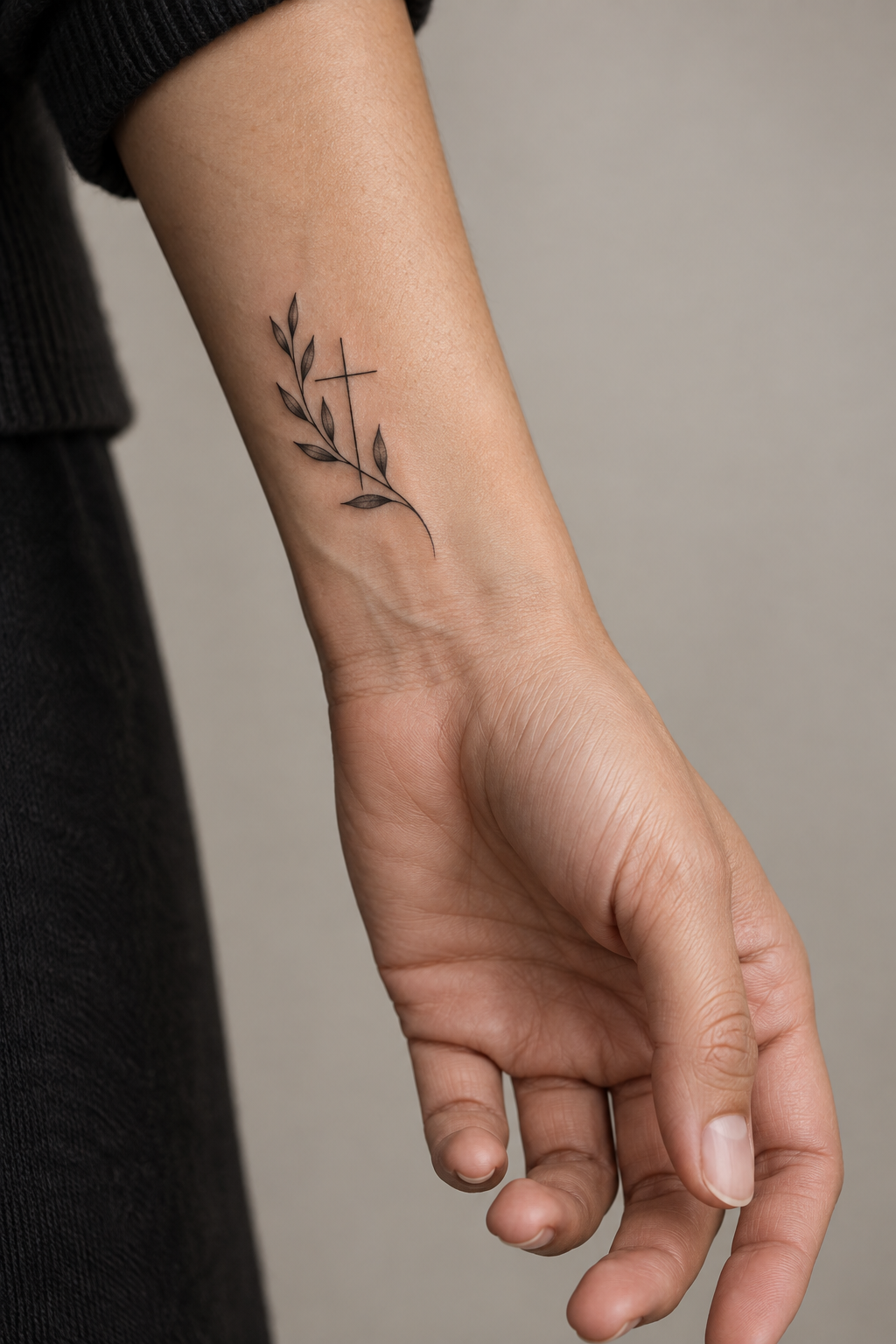 Olive Branch Cross Christian hand and wrist tattoo idea