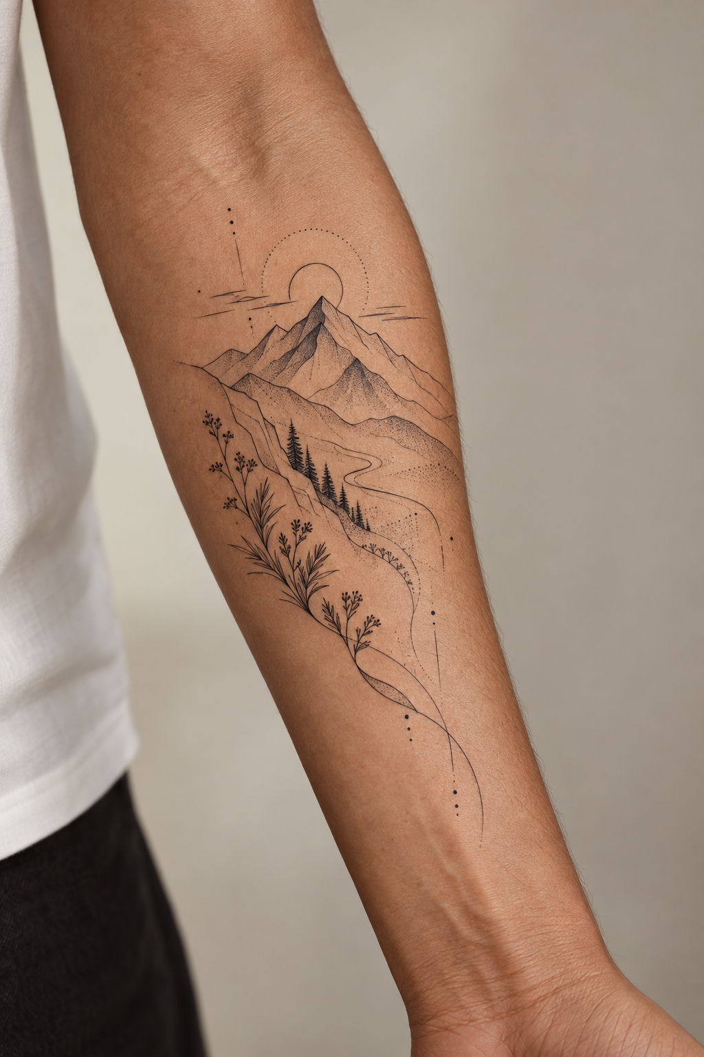Mountain Landscape outer forearm tattoo idea for men