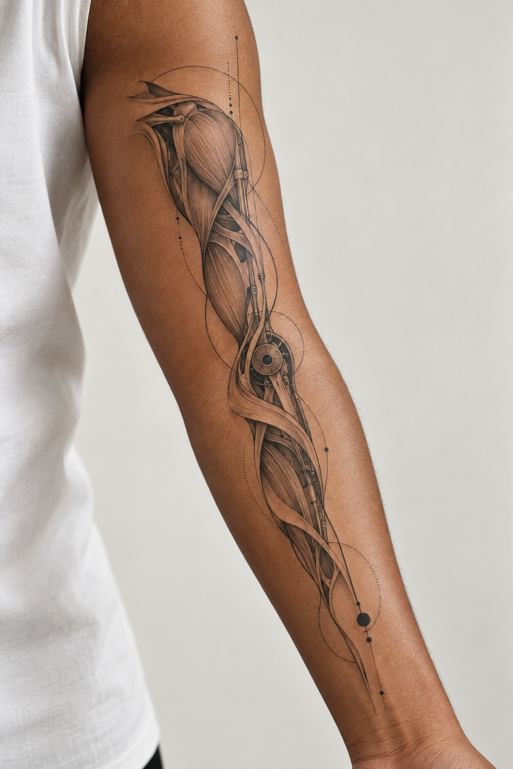 Biomechanical Detail outer forearm tattoo idea for men