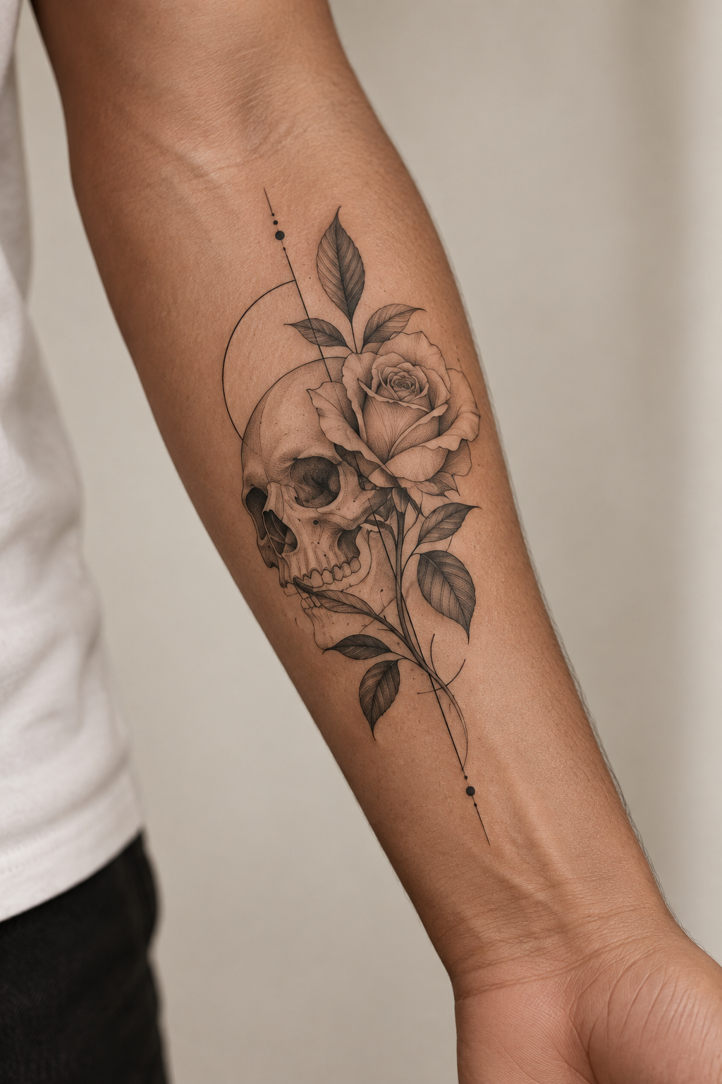Skull and Rose outer forearm tattoo idea for men