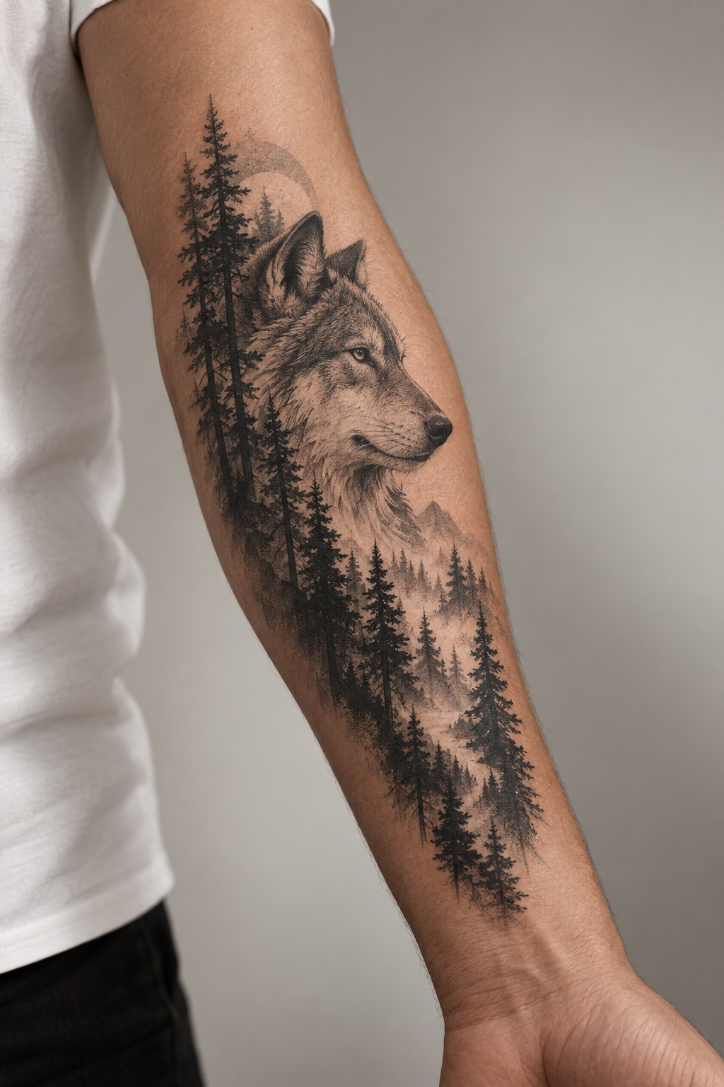 Wolf and Forest outer forearm tattoo idea for men