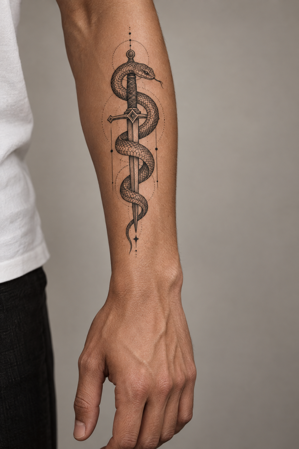 Snake and Dagger outer forearm tattoo idea for men