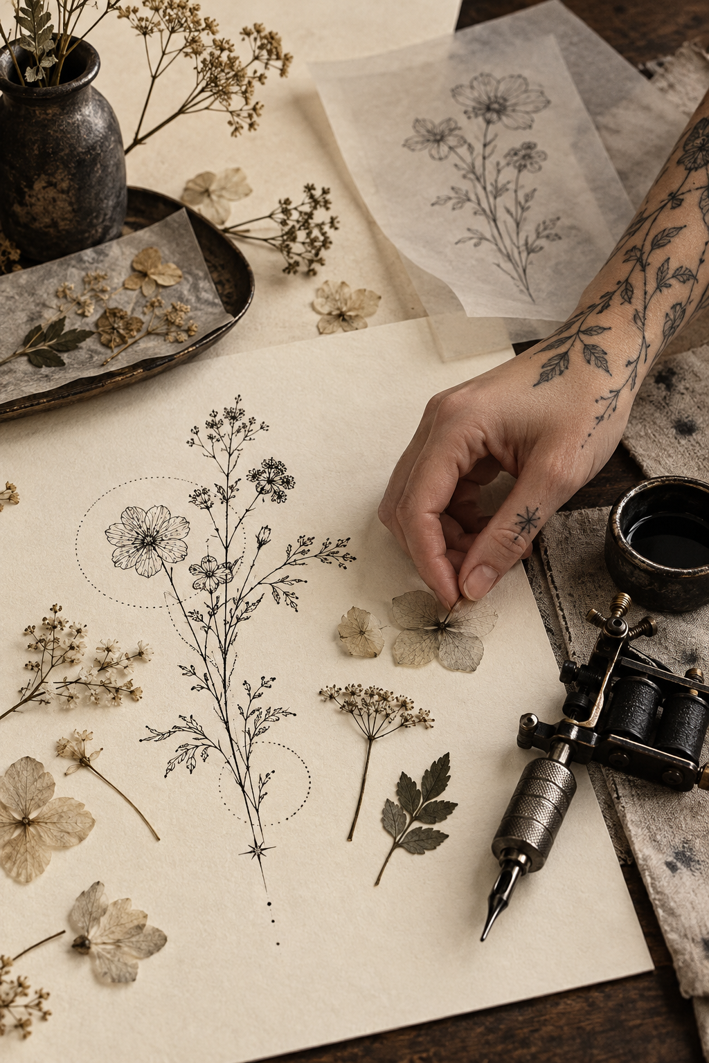 Original pressed flower outline small flower tattoos concept