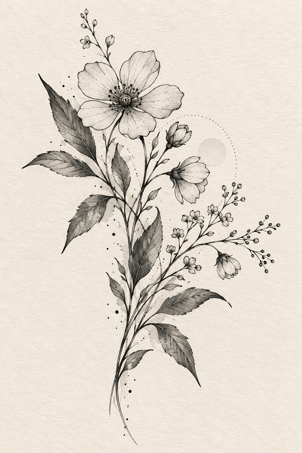 Original leaf-and-flower sprig small flower tattoos concept