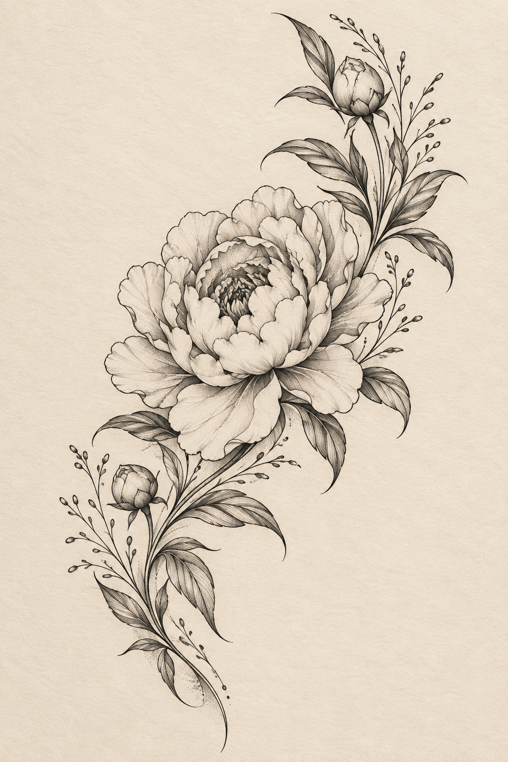 Fine-Line Peony female hip tattoo idea