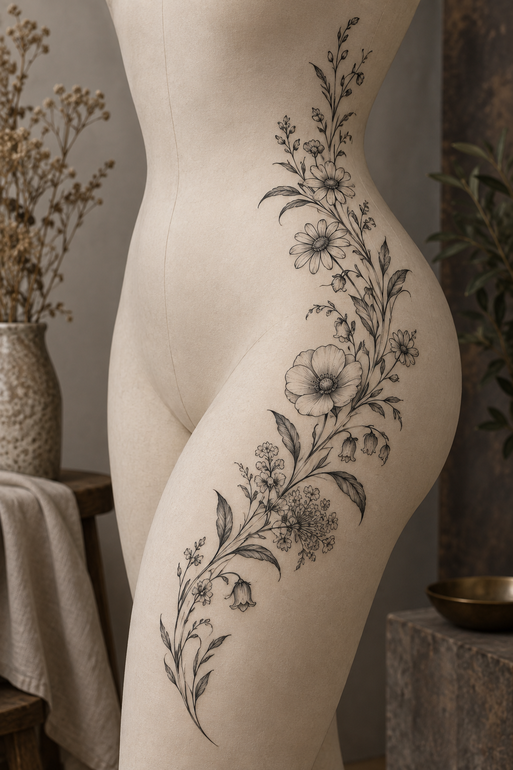 Wildflower Vine female hip tattoo idea