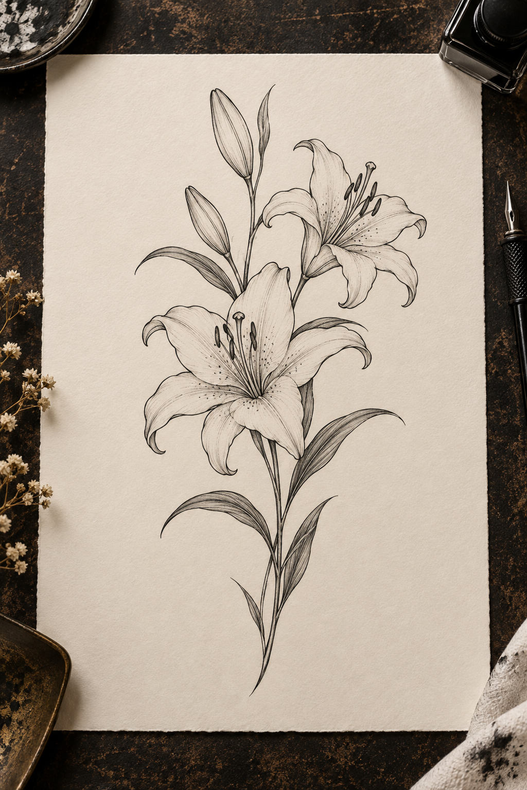 Fine-Line Lily female hip tattoo idea