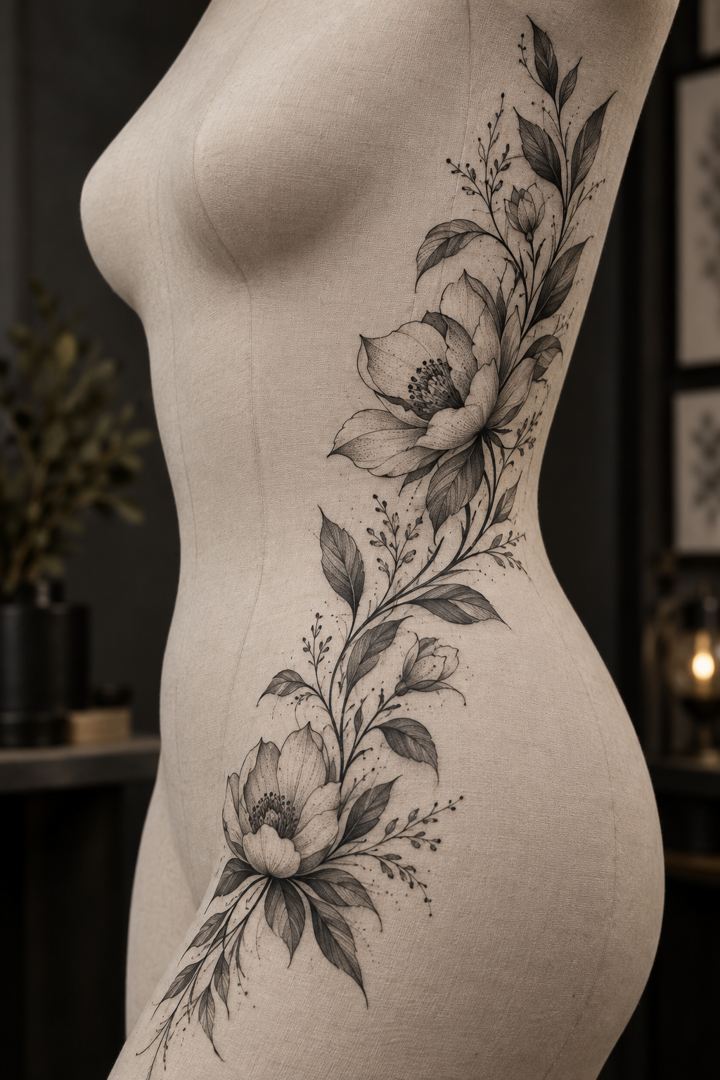 Balanced Side-Hip Floral female hip tattoo idea