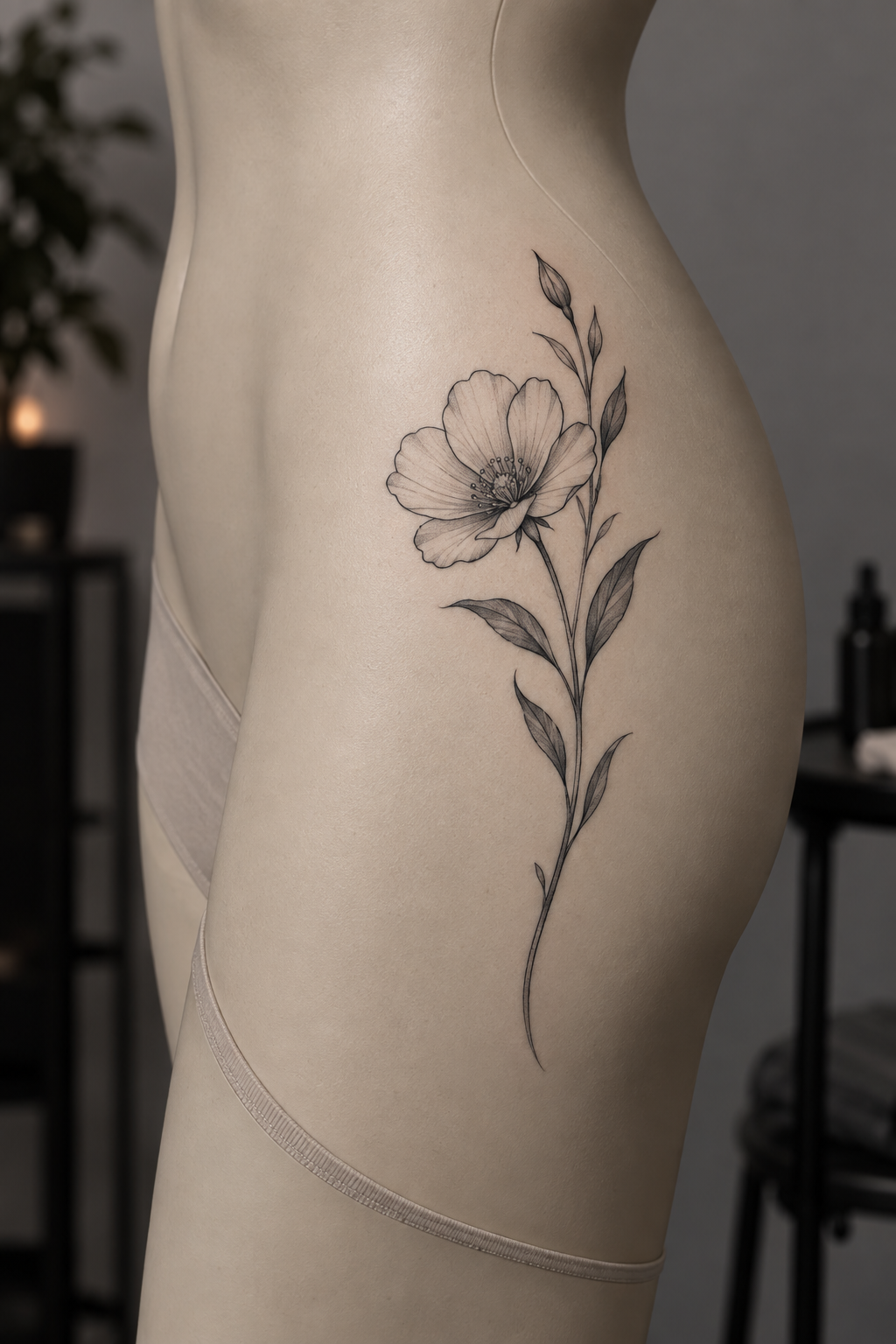 Single Flower Stem female hip tattoo idea