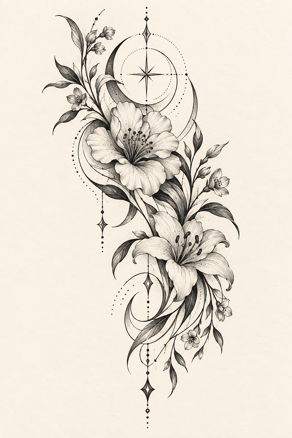Layered Hip Composition female hip tattoo idea
