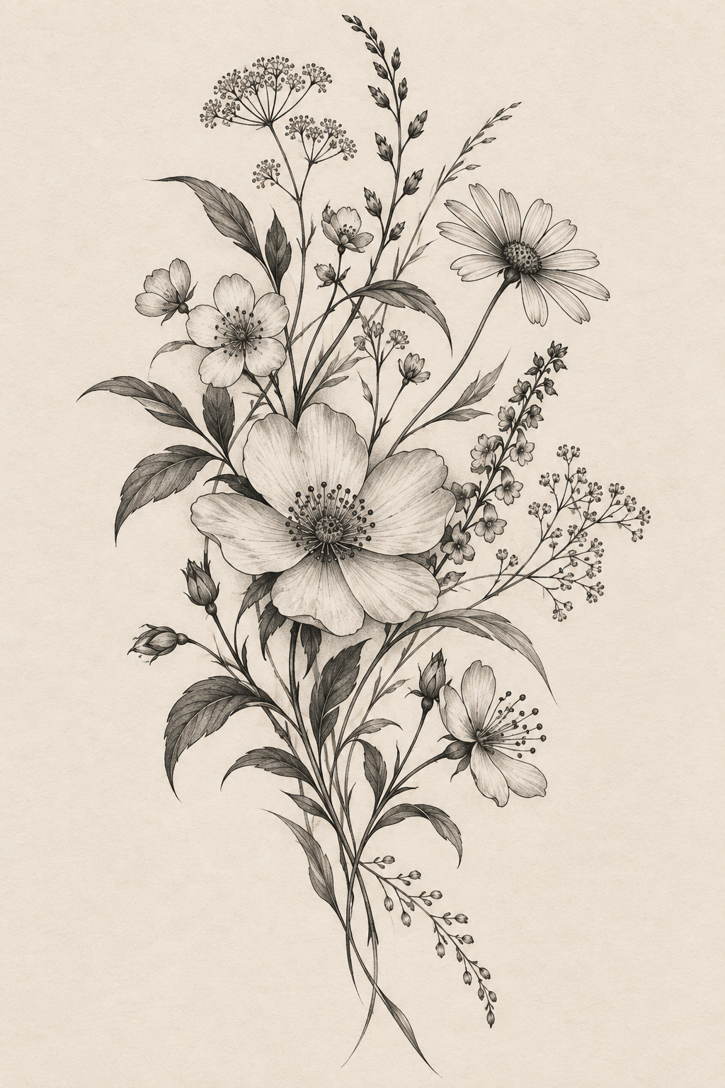 Feminine Botanical Cluster female hip tattoo idea