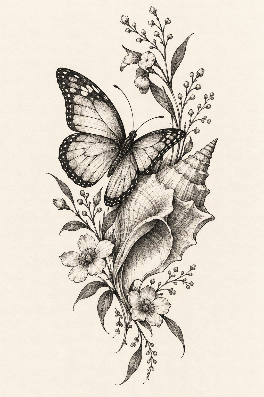 Butterfly and Seashell female hip tattoo idea