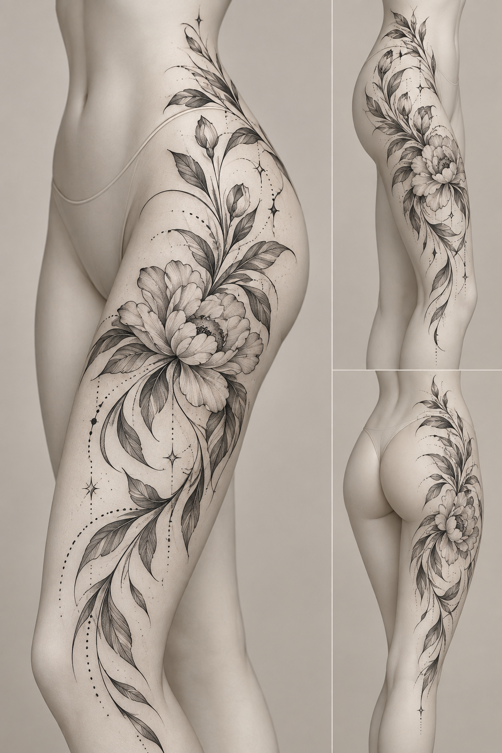 Thigh-to-Hip Flow female hip tattoo idea