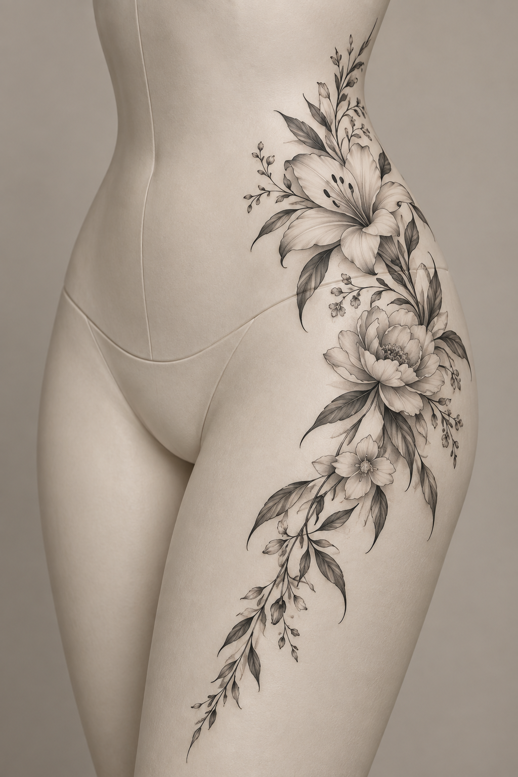 Floral Hip Sweep female hip tattoo idea